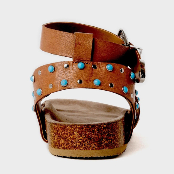 Jo Ghost Size 39 Made In Italy Brown Leather Sandals Chunky Turquoise New - Picture 2 of 16